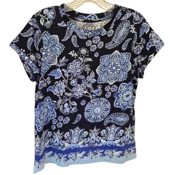 Ann Taylor Loft Women's XS Blue Floral & Paisley Short Sleeve Cotton Tee - Picture 1 of 5